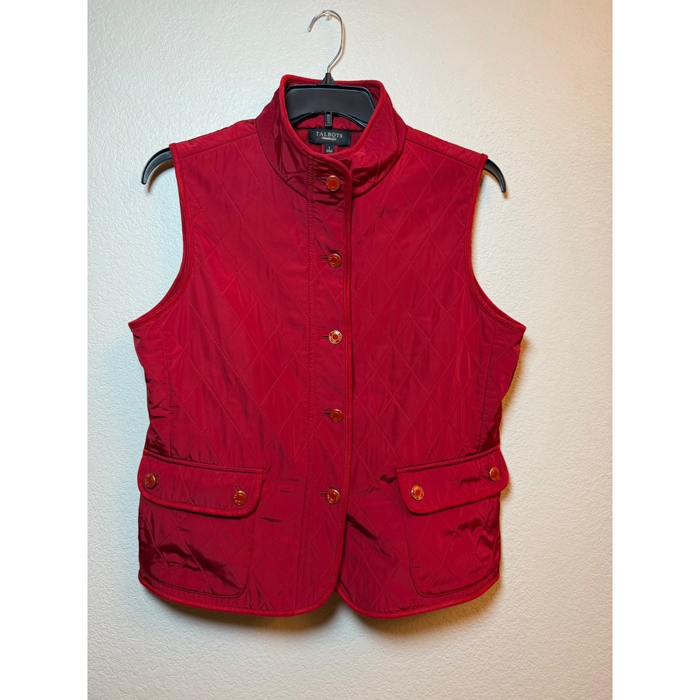 Talbots Red Diamond Quilted Fleece Lined Vest Gold Buttons Mock Neck Large
